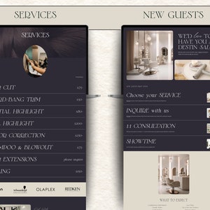 the service page and new guests pages for wix website template. dark and moody theme in colors tan and black. Service page to put prices and service, new guest page to outline what to expect
