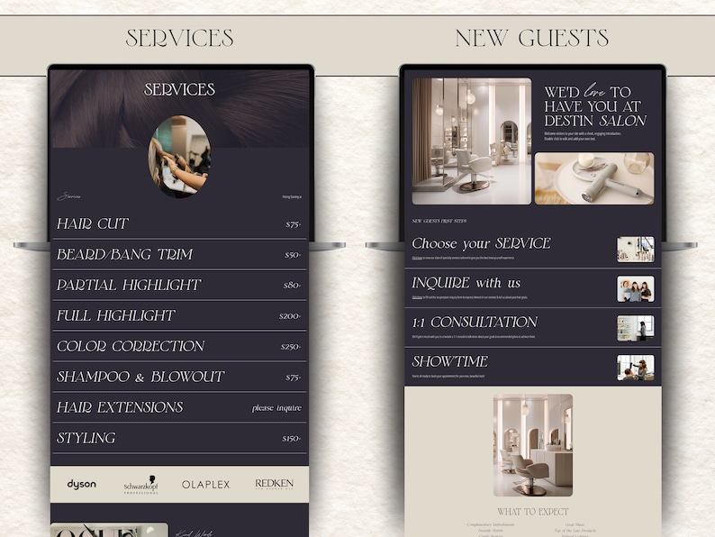 the service page and new guests pages for wix website template. dark and moody theme in colors tan and black. Service page to put prices and service, new guest page to outline what to expect