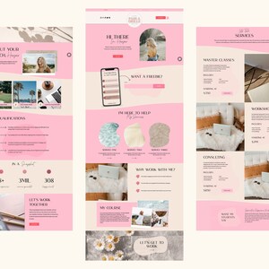 May include: A website design with a pink and beige color scheme. The site includes sections for services, qualifications, and a coach's introduction. Images of a laptop, flowers, and a person are featured.