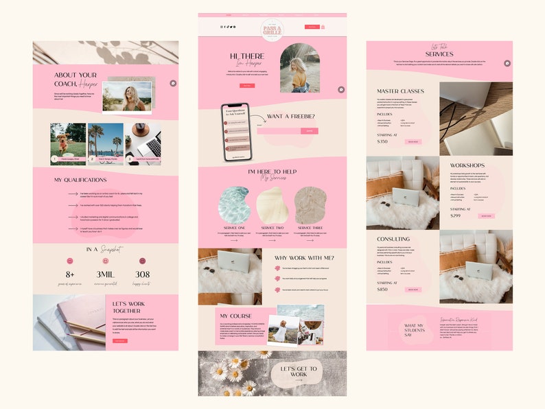 May include: A website design with a pink and beige color scheme. The site includes sections for services, qualifications, and a coach's introduction. Images of a laptop, flowers, and a person are featured.