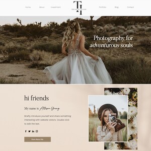 May include: Website homepage featuring a woman in a flowing white dress in a desert landscape. The text "Photography for adventurous souls" is displayed. The website's logo is at the top, and the text "hi friends" is displayed.