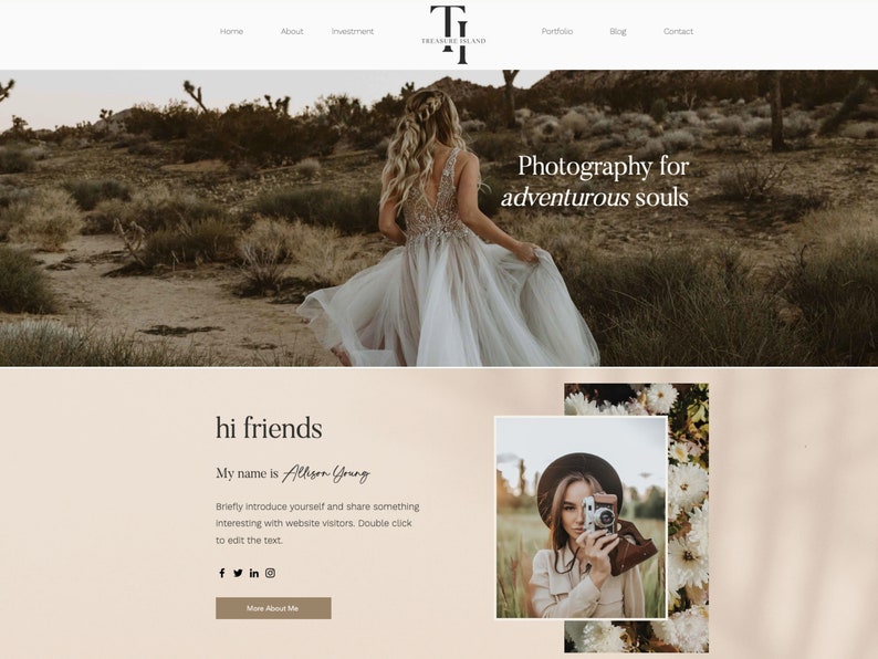May include: Website homepage featuring a woman in a flowing white dress in a desert landscape. The text "Photography for adventurous souls" is displayed. The website's logo is at the top, and the text "hi friends" is displayed.