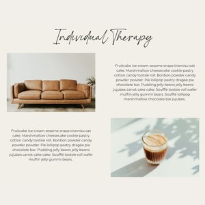May include: An image with the text "Individual Therapy" in a script font. The image includes a brown leather sofa and a glass of coffee with foam. The image also contains a list of food items.