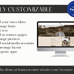 May include: A computer monitor displays a website design with the text "Photography for adventurous souls." The image highlights the website's customizable features, including color, font, and text editing, and social media integration. The Wix Partner Editor X logo is in the upper right.