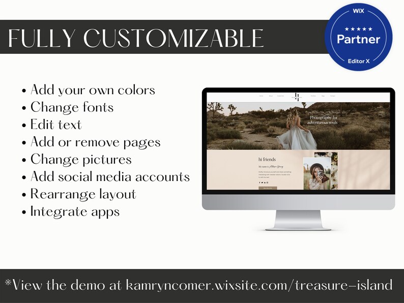 May include: A computer monitor displays a website design with the text "Photography for adventurous souls." The image highlights the website's customizable features, including color, font, and text editing, and social media integration. The Wix Partner Editor X logo is in the upper right.