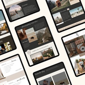 May include: Multiple digital tablets displaying website layouts with photographs. The screens feature wedding photography, blog posts, and investment information. The color scheme is neutral with black, white, and beige tones. Text includes "the highlights", "my hope", and "Photos to last a lifetime".