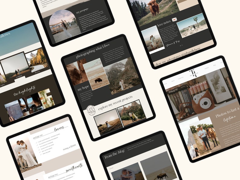 May include: Multiple digital tablets displaying website layouts with photographs. The screens feature wedding photography, blog posts, and investment information. The color scheme is neutral with black, white, and beige tones. Text includes "the highlights", "my hope", and "Photos to last a lifetime".