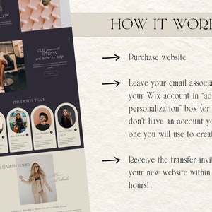 Page about how it works when you purchase wix website template for hair salon, spa, hair stylist, brow artist, lash tech.