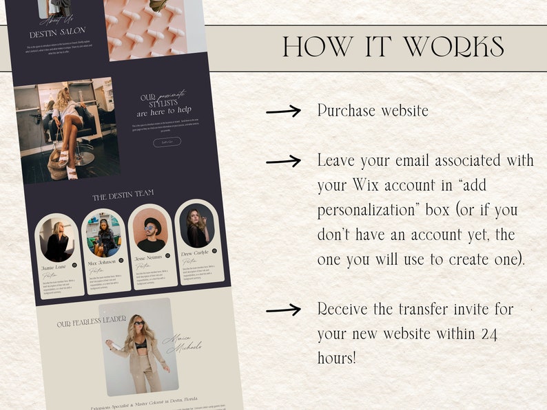 Page about how it works when you purchase wix website template for hair salon, spa, hair stylist, brow artist, lash tech.