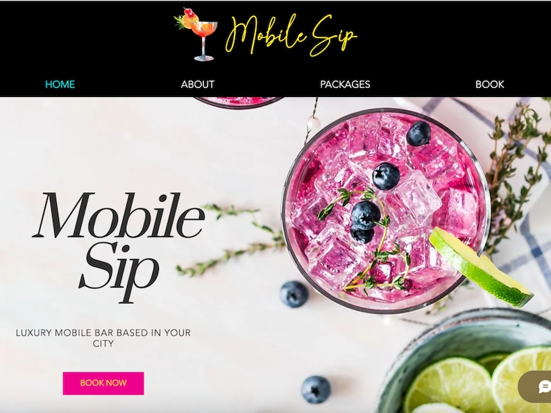 May include: A website homepage for Mobile Sip, a luxury mobile bar service. The image features a pink cocktail with blueberries, lime, and thyme in a glass. The text "Mobile Sip" is in a large font and the text "LUXURY MOBILE BAR BASED IN YOUR CITY" is below it. The text "BOOK NOW" is on a pink button.