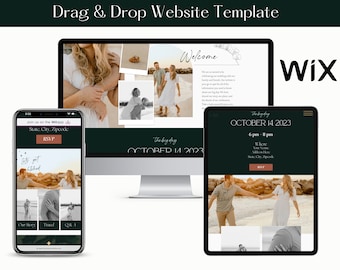 May include: A website template displayed on a desktop monitor, tablet, and smartphone. The template features a wedding theme with photos and the text "Welcome" and "The big day OCTOBER 14 2023". The Wix logo is visible.