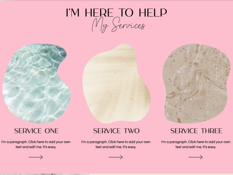 May include: A pink graphic with the text "I'M HERE TO HELP My Services." Three abstract shapes are displayed, each with a different texture and color. Below each shape is the text "SERVICE ONE," "SERVICE TWO," and "SERVICE THREE."