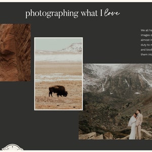 May include: A dark gray layout with the text "photographing what I love" and "my hope." The layout includes three landscape photographs: a canyon, a bison in a field, and a mountain range with a couple. Text describes the photographer's hope.