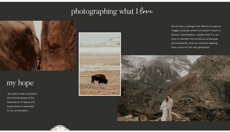 May include: A dark gray layout with the text "photographing what I love" and "my hope." The layout includes three landscape photographs: a canyon, a bison in a field, and a mountain range with a couple. Text describes the photographer's hope.