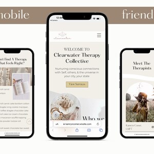 May include: Three smartphones displaying a website for Clearwater Therapy Collective. The website features text, images, and navigation elements. The central phone shows the homepage with the text "Welcome to Clearwater Therapy Collective". The other phones show different pages.