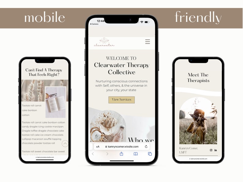 May include: Three smartphones displaying a website for Clearwater Therapy Collective. The website features text, images, and navigation elements. The central phone shows the homepage with the text "Welcome to Clearwater Therapy Collective". The other phones show different pages.