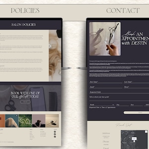 policy page and contact page design for the wix website template. template design for hair stylists, salons, lash artist, brow artist, spas, beauty salons. Form to contact.