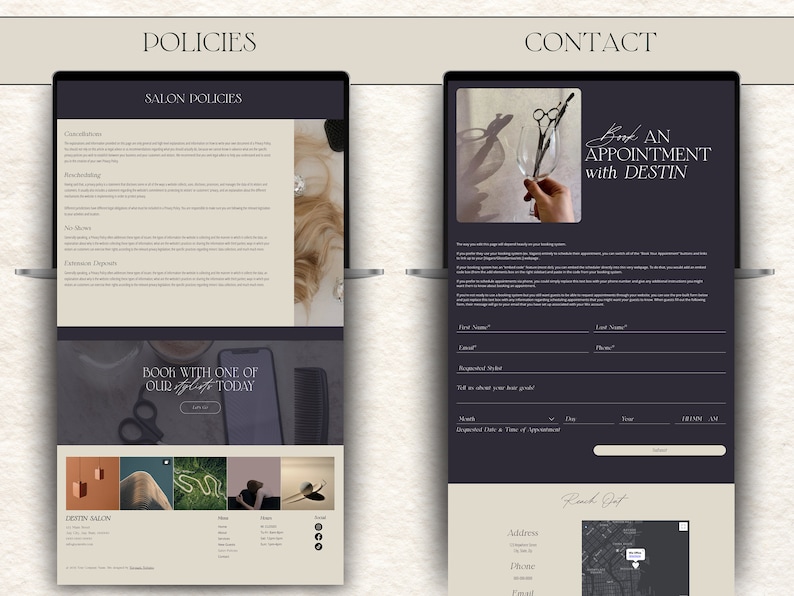 policy page and contact page design for the wix website template. template design for hair stylists, salons, lash artist, brow artist, spas, beauty salons. Form to contact.