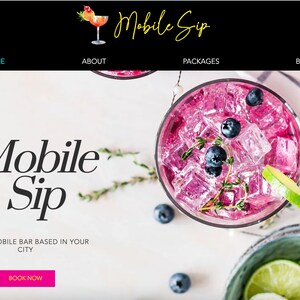 May include: A website homepage for Mobile Sip, a luxury mobile bar service. The website features a pink drink with blueberries and lime, a white background, and the text "Mobile Sip" in black. The website also includes a call to action to "Book Now".