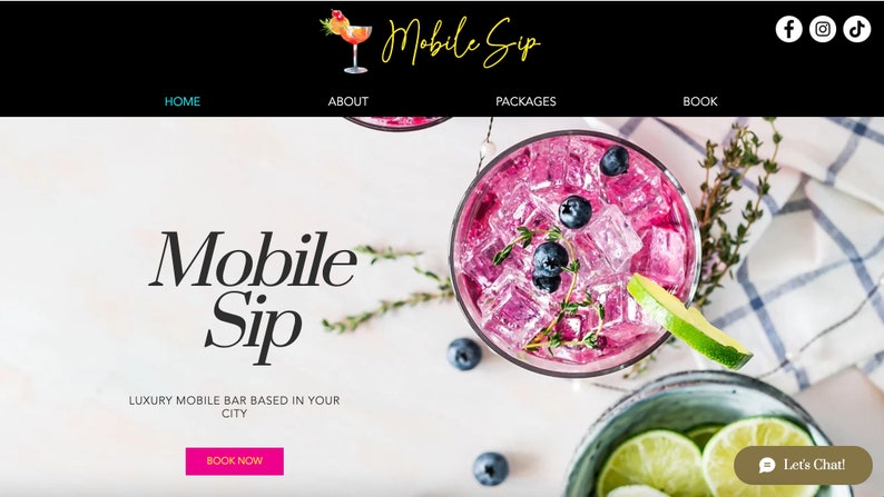 May include: A website homepage for Mobile Sip, a luxury mobile bar service. The website features a pink drink with blueberries and lime, a white background, and the text "Mobile Sip" in black. The website also includes a call to action to "Book Now".