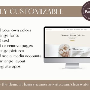 May include: A computer monitor displays a website design for Clearwater Therapy Collective. The screen shows the text "Welcome" and "Who we are". The image also includes the text "Fully Customizable" and a list of features, such as "Add your own colors" and "Change fonts".