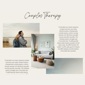 May include: The image features the text "Couples Therapy" in a cursive font. It includes three smaller images: a couple, a living room, and a blurred landscape. Text lists various dessert items.