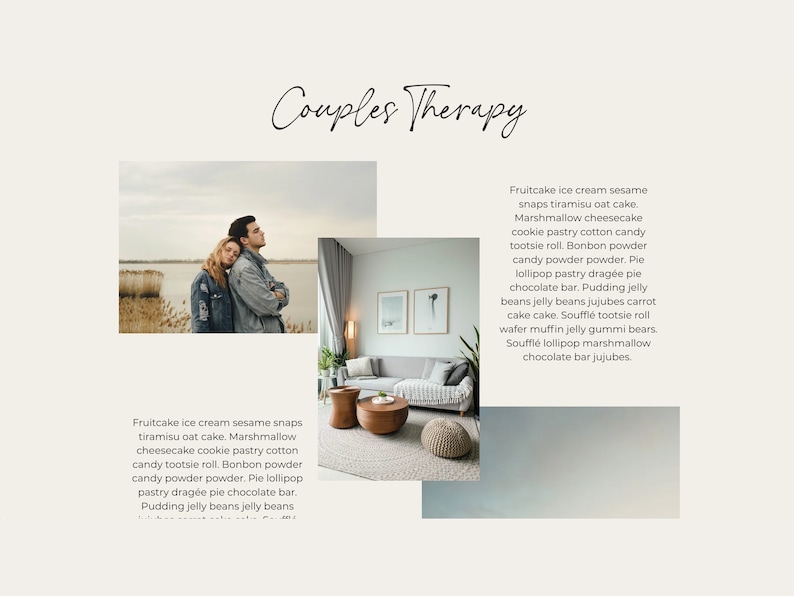 May include: The image features the text "Couples Therapy" in a cursive font. It includes three smaller images: a couple, a living room, and a blurred landscape. Text lists various dessert items.