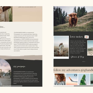 May include: A website layout with a neutral color palette, featuring text and images. The design includes sections for a photographer's story, purpose, and contact information. Images include a couple, a mountain scene, and a cow.