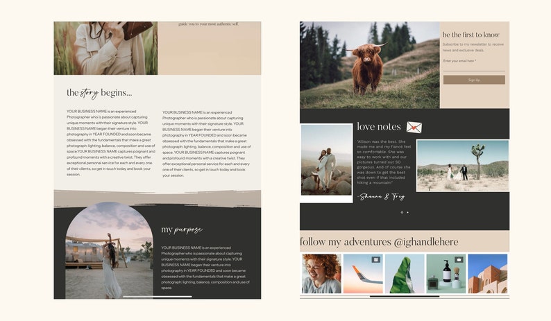 May include: A website layout with a neutral color palette, featuring text and images. The design includes sections for a photographer's story, purpose, and contact information. Images include a couple, a mountain scene, and a cow.