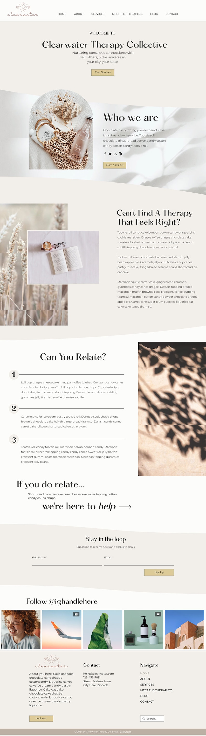 May include: A website landing page for Clearwater Therapy Collective, featuring a clean, minimalist design with soft, neutral tones. The page includes sections on services, team, and contact information, with a focus on mental wellness.
