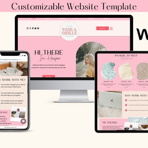 May include: A customizable website template displayed on a desktop computer, tablet, and smartphone. The website design features a pink and white color scheme with the text "Customizable Website Template" at the top. The Wix logo is visible.