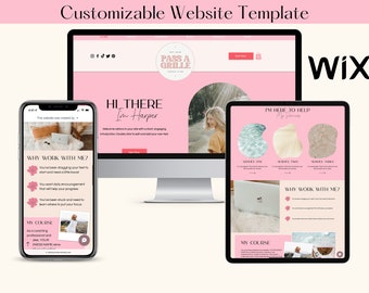 May include: A customizable website template displayed on a desktop computer, tablet, and smartphone. The website design features a pink and white color scheme with the text "Customizable Website Template" at the top. The Wix logo is visible.