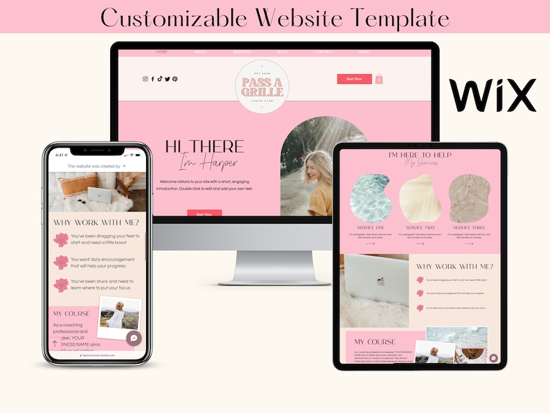 May include: A customizable website template displayed on a desktop computer, tablet, and smartphone. The website design features a pink and white color scheme with the text "Customizable Website Template" at the top. The Wix logo is visible.