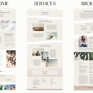 May include: A website design with the headings "HOME", "SERVICES", and "ABOUT". The "HOME" page features sections like "Who we are" and "Can't Find a Therapy That Feels Right?". The "SERVICES" page includes "Individual Therapy" and "Couples Therapy". The "ABOUT" page has "A note from the founder".
