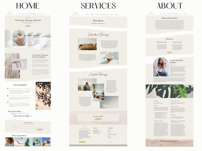 May include: A website design with the headings "HOME", "SERVICES", and "ABOUT". The "HOME" page features sections like "Who we are" and "Can't Find a Therapy That Feels Right?". The "SERVICES" page includes "Individual Therapy" and "Couples Therapy". The "ABOUT" page has "A note from the founder".