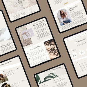 May include: Multiple tablets displaying a website with a neutral color palette. The website features sections like "Who We Are," "Can't Find A Therapist That Feels Right?" and "Meet The Therapists." The design includes images and text.