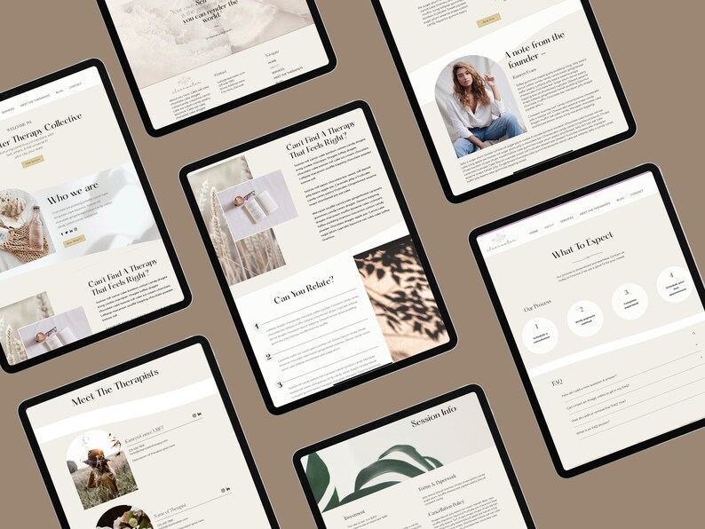 May include: Multiple tablets displaying a website with a neutral color palette. The website features sections like "Who We Are," "Can't Find A Therapist That Feels Right?" and "Meet The Therapists." The design includes images and text.