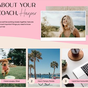 May include: A webpage design with the text "ABOUT YOUR COACH, Harper". It includes a photo of a smiling woman, a puppy, palm trees, and a laptop with a coffee cup. The text below the images reads "I have a puppy, Oliver", "I live in Tampa, Florida", and "I work from home #WFHlife".