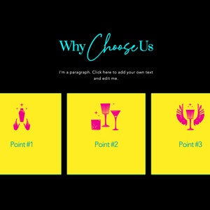 May include: Three yellow squares with black outlines and white text. Each square features a pink icon related to cocktails and drinks. The first square says "Point #1" and shows a pink cocktail shaker with two pink hands holding it. The second square says "Point #2" and shows a pink cocktail glass, a pink martini glass, and a pink old fashioned glass. The third square says "Point #3" and shows a pink cocktail glass with two pink hands holding it. The text above the squares says "Why Choose Us" in blue and black.