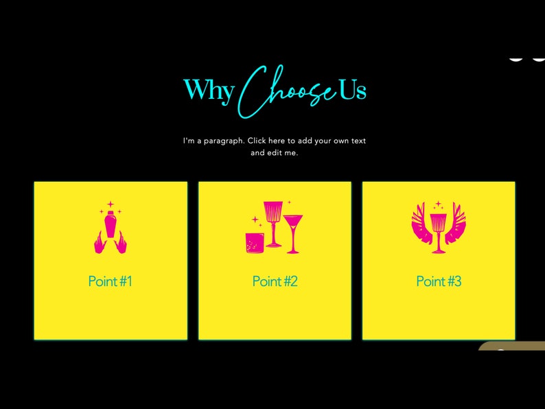 May include: Three yellow squares with black outlines and white text. Each square features a pink icon related to cocktails and drinks. The first square says "Point #1" and shows a pink cocktail shaker with two pink hands holding it. The second square says "Point #2" and shows a pink cocktail glass, a pink martini glass, and a pink old fashioned glass. The third square says "Point #3" and shows a pink cocktail glass with two pink hands holding it. The text above the squares says "Why Choose Us" in blue and black.