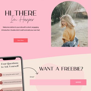 May include: A website design with a pink and beige color scheme. The text "HI THERE I'm Harper" is at the top. A photo of a woman in a yellow shirt is in the upper right. A phone displays questions. The text "WANT A FREEBIE?" is at the bottom.