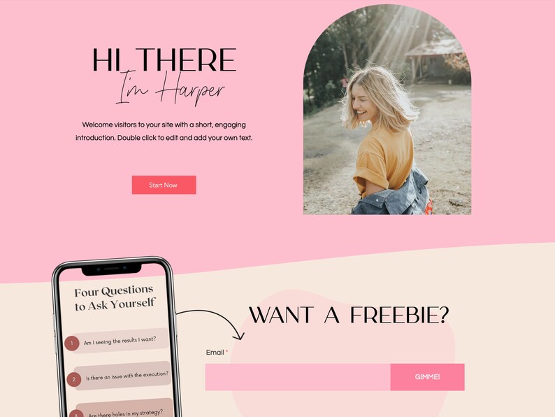 May include: A website design with a pink and beige color scheme. The text "HI THERE I'm Harper" is at the top. A photo of a woman in a yellow shirt is in the upper right. A phone displays questions. The text "WANT A FREEBIE?" is at the bottom.
