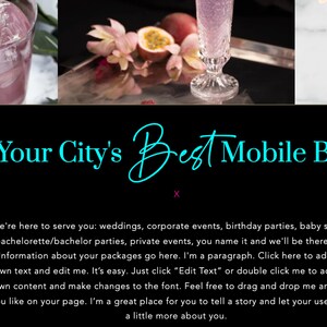 May include: A black and white graphic with the text "Your City's Best Mobile Bar" in turquoise blue. The text is written in a cursive font. The background is black. The text "X" is in pink below the main text.