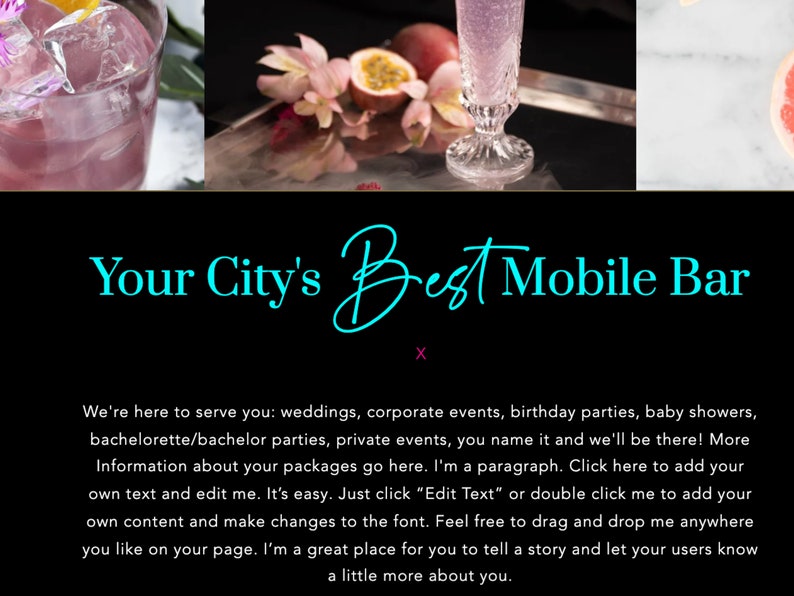 May include: A black and white graphic with the text "Your City's Best Mobile Bar" in turquoise blue. The text is written in a cursive font. The background is black. The text "X" is in pink below the main text.