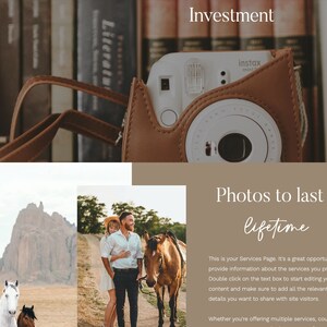 May include: A tan leather camera case holds a white Instax Mini camera, with the word "Investment" above. The text "Photos to last a lifetime" is also visible. The image includes photos of horses and a couple.