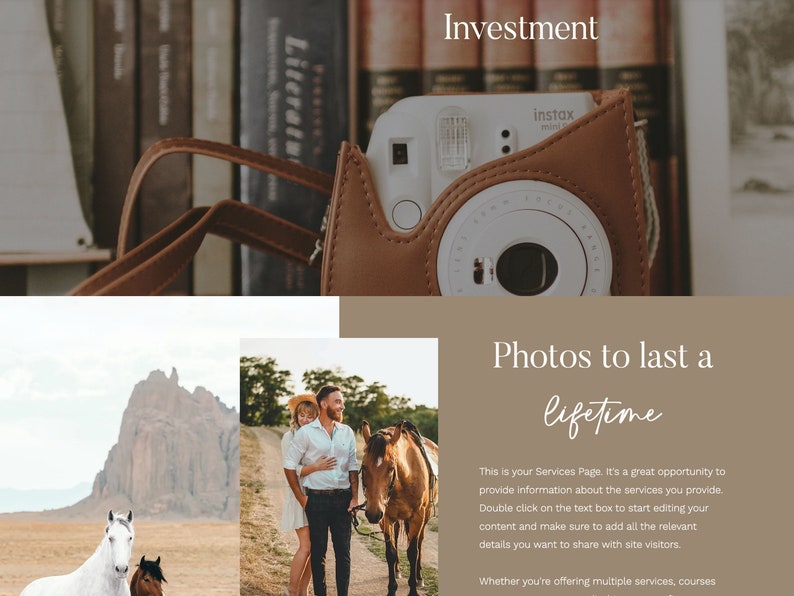 May include: A tan leather camera case holds a white Instax Mini camera, with the word "Investment" above. The text "Photos to last a lifetime" is also visible. The image includes photos of horses and a couple.