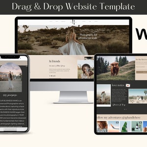 May include: A digital mockup of a website template on a desktop computer, tablet, and smartphone. The website design features a neutral color palette with images and text. The text includes "Photography for adventurous souls" and "Wix".