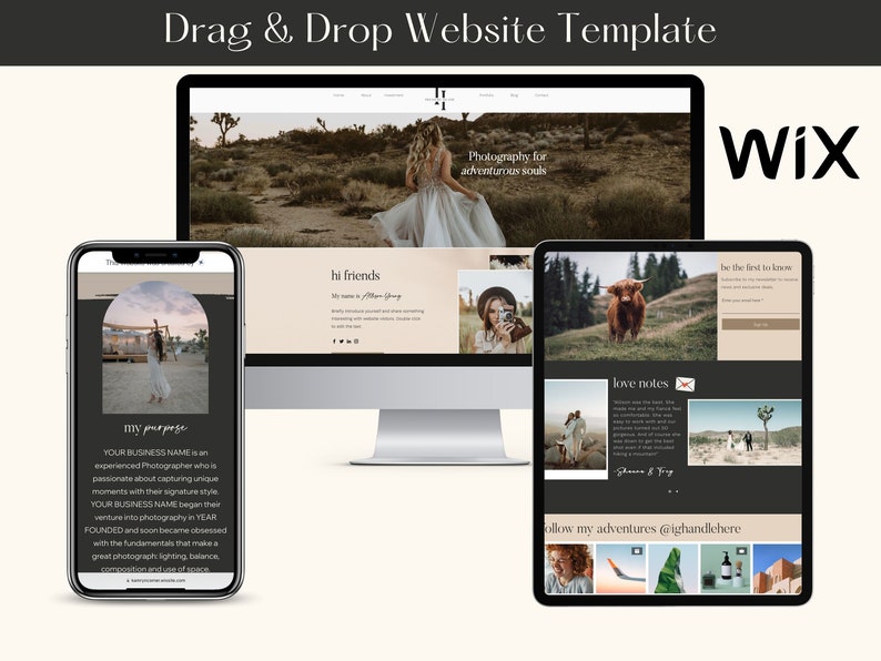 May include: A digital mockup of a website template on a desktop computer, tablet, and smartphone. The website design features a neutral color palette with images and text. The text includes "Photography for adventurous souls" and "Wix".