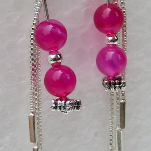 Magenta Agate and Sterling Silver Chain Earrings, Swirly Stud and Posts, Butterfly Backs