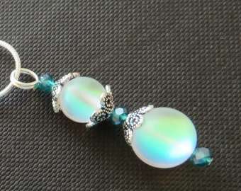 Opalite Rainbow Moonstone , Teal Crystal & Silver Chain Pendant Necklace